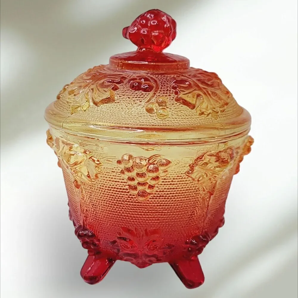 VTG Jeannette Harvest Grapes‎ Amber Red Carnival Glass Footed Covered Candy Dish